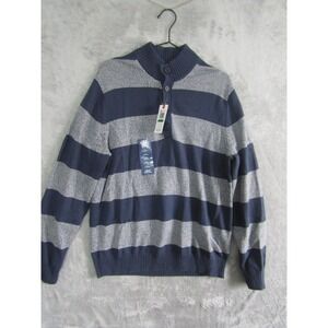 IZOD Men Anchor Striped Pullover Sweater Knit Button Mock Neck L